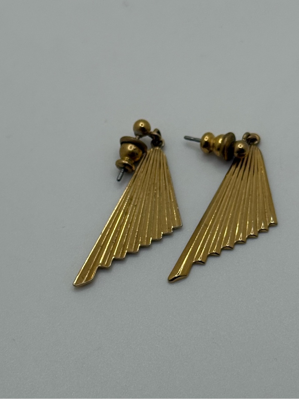 Vintage Gold Tone Art Deco Fan Dangle Earrings Geometric Statement Retro
